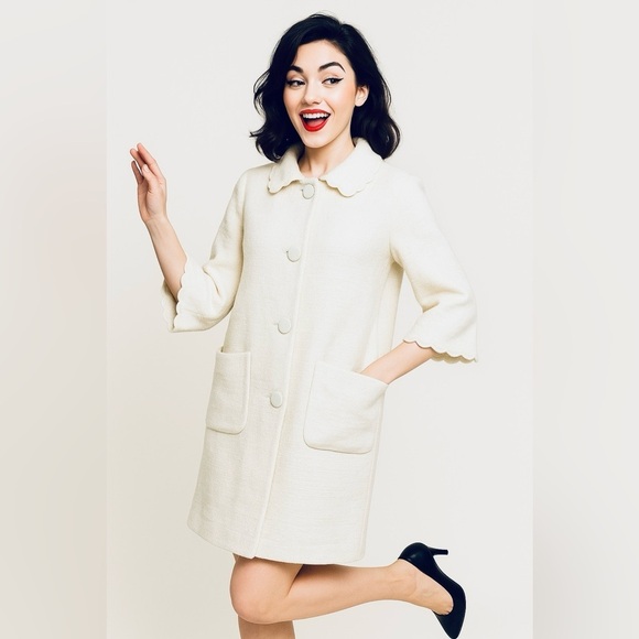 kate spade Jackets & Blazers - Kate Spade New York Cream Textured Scallop Trim Coat Size 10 Elegant Retro Mod